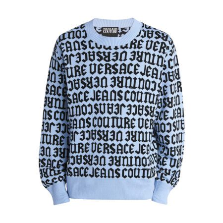 Versace Jeans Couture Men's Repeat Logo black wool sweater with a bold repeat logo design, available at Lestyle Boutique Melbourne. A luxurious and stylish choice for colder seasons.