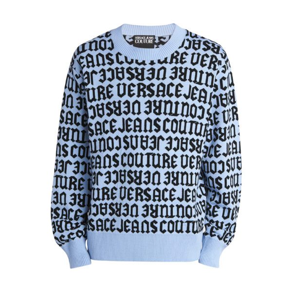 Versace Jeans Couture Mens Repeat Logo black wool sweater with a bold repeat logo design available at Lestyle Boutique Melbourne A luxurious and stylish choice for colder seasons