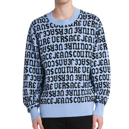 Versace Jeans Couture Men's Repeat Logo black wool sweater with a bold repeat logo design, available at Lestyle Boutique Melbourne. A luxurious and stylish choice for colder seasons.