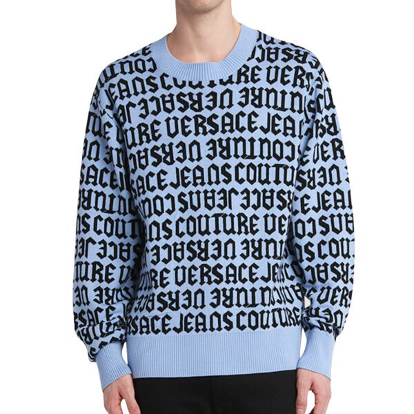 Versace Jeans Couture Mens Repeat Logo black wool sweater with a bold repeat logo design available at Lestyle Boutique Melbourne A luxurious and stylish choice for colder seasons