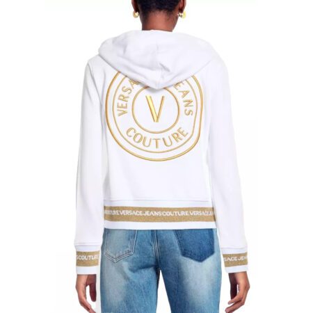 Versace Jeans Couture SS22 white hooded jacket with gold-tone logo detailing on chest, back, and waistband, available at Lestyle Boutique Melbourne. A luxurious and stylish choice for casual wear.