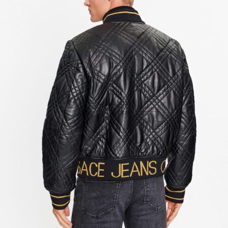 Versace Jeans Couture black leather jacket with a sleek design, available at Lestyle Boutique Melbourne. A stylish and durable choice for a luxurious outerwear look.