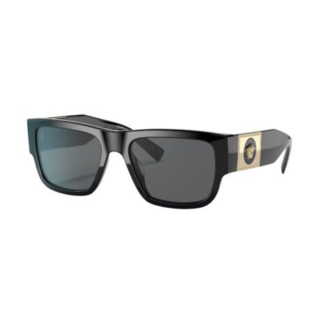 Versace black square sunglasses with grey lenses and Medusa emblem, available at Lestyle Boutique Melbourne. A luxurious and stylish accessory for sunny days.
