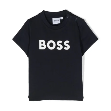 BOSS Kidswear logo-print T-shirt in navy blue, featuring a bold front logo, available at Lestyle Boutique.