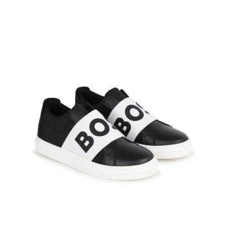 BOSS Kidswear logo-print leather sneakers in black with an elasticated logo band, available at Lestyle Boutique Melbourne.