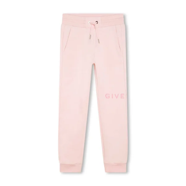 Givenchy Kids pink logo print fleece track pants featuring a tapered leg and ribbed cuffs available at Lestyle Boutique Melbourne