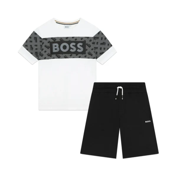 BOSS Kidswear logo print cotton tracksuit set in white and black featuring a stylish T shirt and shorts available at Lestyle Boutique Melbourne