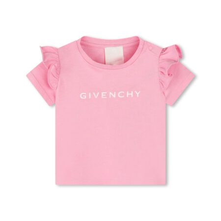 Givenchy Kids ruffled-detail cotton T-shirt in pink, featuring the 4G motif, available at Lestyle Boutique Melbourne.