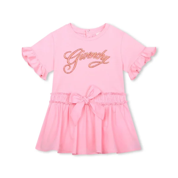 Givenchy Kids logo embroidered flared dress in pink featuring bow detailing and ruffled trim available at Lestyle Boutique Melbourne