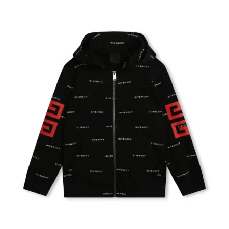 Givenchy Kids black zip-up hoodie with all-over logo pattern and 4G motif, available at Lestyle Boutique Melbourne.