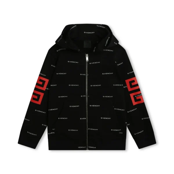 Givenchy Kids black zip up hoodie with all over logo pattern and 4G motif available at Lestyle Boutique Melbourne