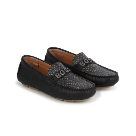 BOSS Kidswear logo-plaque leather loafers in black with geometric print and silver-tone logo, available at Lestyle Boutique Melbourne.