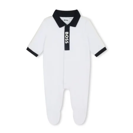 BOSS Kidswear logo-print velvet pajamas in white with contrasting collar, available at Lestyle Boutique Melbourne.