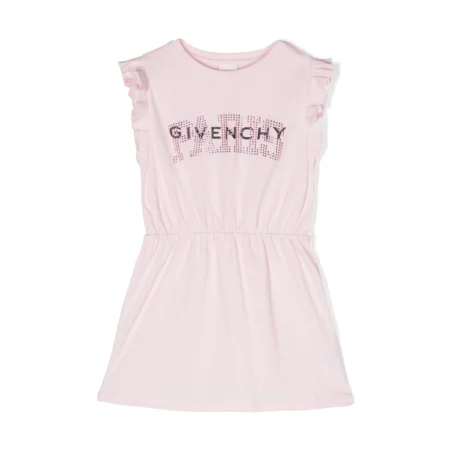 Pink Givenchy Kids rhinestoned ruffled logo-print dress with a flared skirt, available at Lestyle Boutique Melbourne.