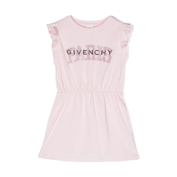 Pink Givenchy Kids rhinestoned ruffled logo print dress with a flared skirt available at Lestyle Boutique Melbourne