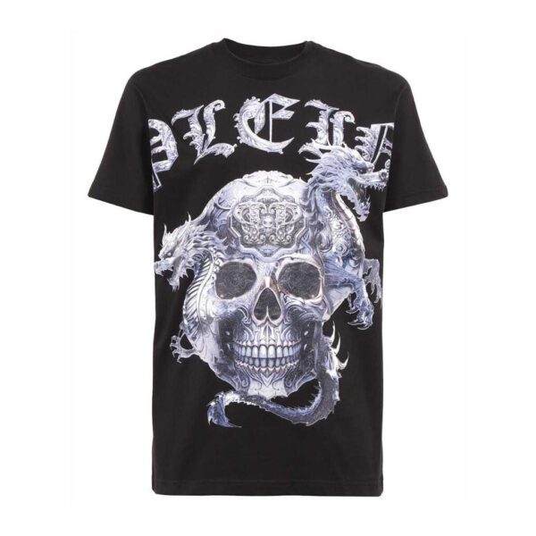 Philipp Plein black T shirt featuring a dragon and skull design with crystal accents available at Lestyle Boutique