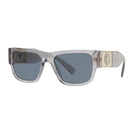 Versace grey transparent square sunglasses with grey lenses and Medusa emblem, available at Lestyle Boutique Melbourne. A stylish and modern accessory for sunny days.