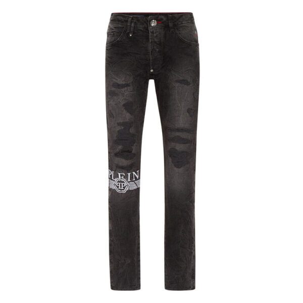 Philipp Plein black distressed super straight cut jeans with logo detailing available at Lestyle Boutique