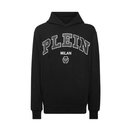 Philipp Plein black College hoodie with "PLEIN MILAN" logo, available at Lestyle Boutique.