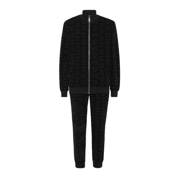 Philipp Plein black monogram tracksuit with PP Hexagon logo and saffiano leather details available at Lestyle Boutique