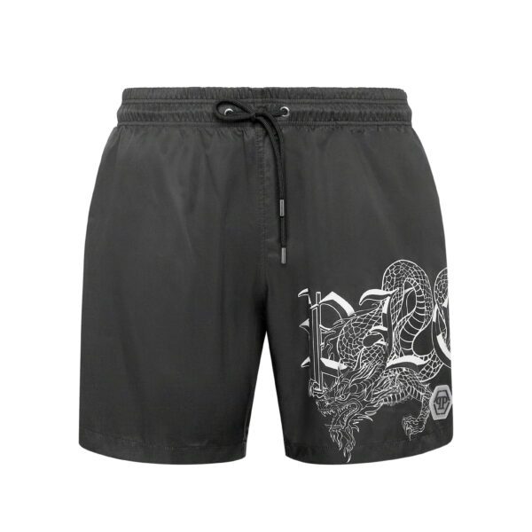 Philipp Plein black dragon print swim shorts with PP Hexagon logo available at Lestyle Boutique