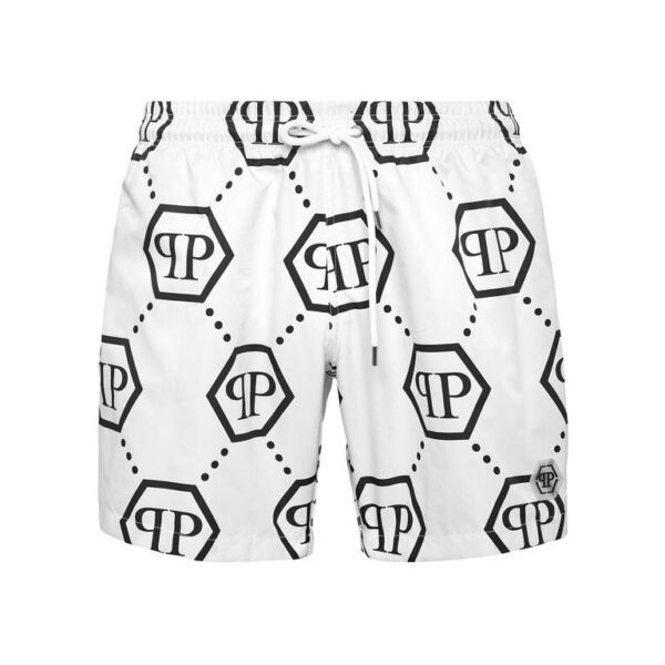 Philipp Plein white monogram swim shorts with black PP Hexagon logo available at Lestyle Boutique