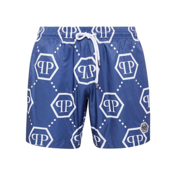 Philipp Plein blue monogram swim shorts with white PP Hexagon logo available at Lestyle Boutique