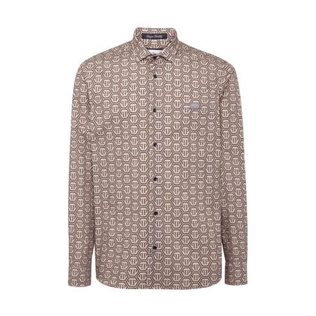 Philipp Plein beige monogram long-sleeve shirt with logo plaque, available at Lestyle Boutique.