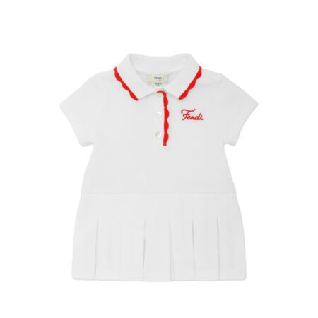 White Fendi baby dress with red scalloped trim and embroidered logo, available at Lestyle Boutique.