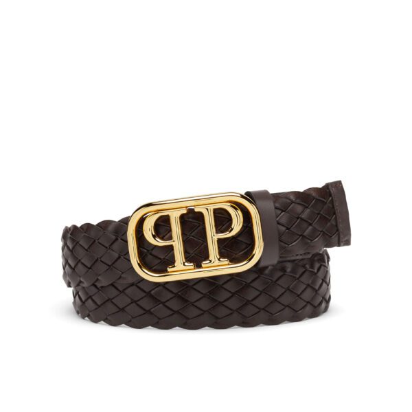 Philipp Plein brown woven leather belt with gold tone logo buckle and leopard print lining available at Lestyle Boutique