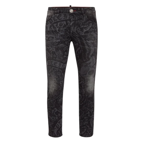 Philipp Plein black tattoo print skinny fit denim trousers with intricate laser printed pattern and signature branding available at Lestyle Boutique