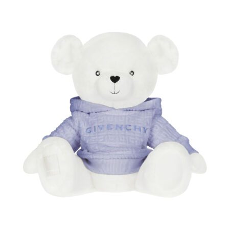 Givenchy Teddy Bear in light blue faux fur with a jacquard hoodie, 30 cm tall, available at Lestyle Boutique.