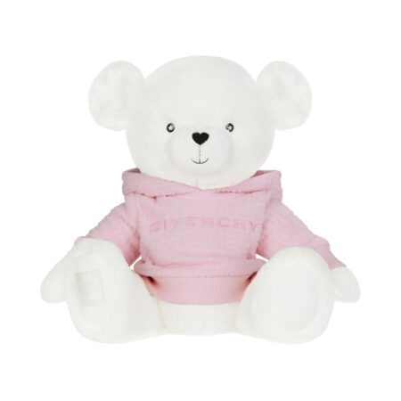 Givenchy Teddy Bear in light pink faux fur with a jacquard hoodie, 30 cm tall, available at Lestyle Boutique.