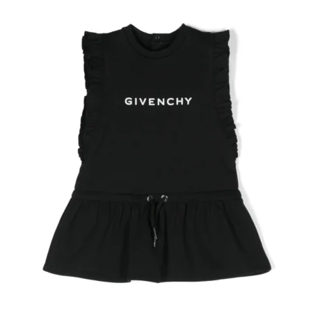 Givenchy Kids logo cotton jersey dress in black with ruffled trim, available at Lestyle Boutique Melbourne.