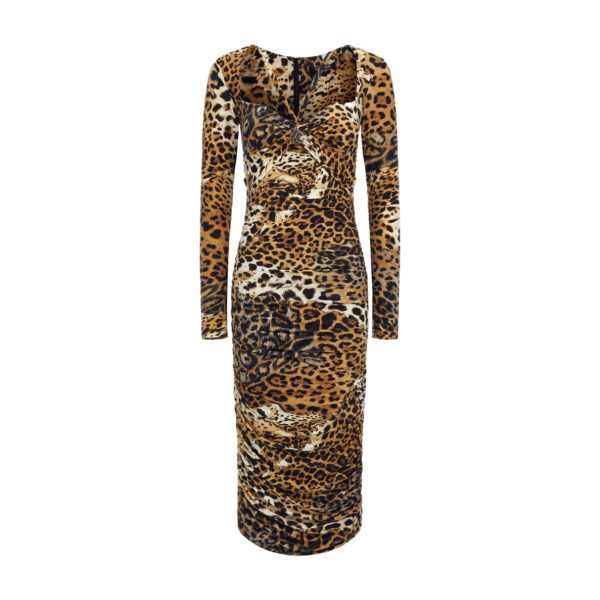 Roberto Cavalli form fitting leopard print dress featuring a detailed and vibrant pattern available at select fashion retailers
