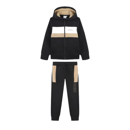 BOSS Kidswear black and beige striped tracksuit, available at Lestyle Boutique.