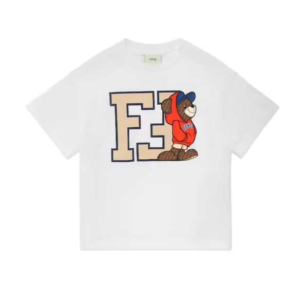Fendi Kids Oversize T shirt in white with playful bear and F3 logo print available at Lestyle Boutique