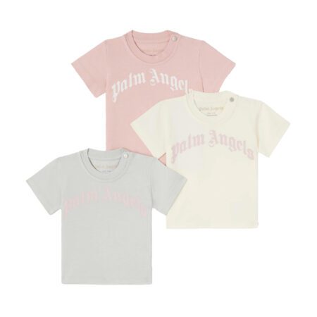 Palm Angels Kids 3-Pack T-Shirt Set featuring pink, white, and grey T-shirts with the Palm Angels logo across the chest, available at Lestyle Boutique Melbourne.