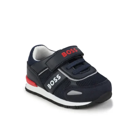 BOSS Kidswear Velcro sneakers in navy with red and white logo details, available at Lestyle Boutique Melbourne.