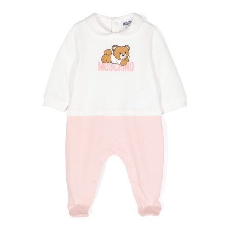 Moschino Kids white and pink pyjamas featuring the iconic teddy bear print, available at Lestyle Boutique Melbourne.