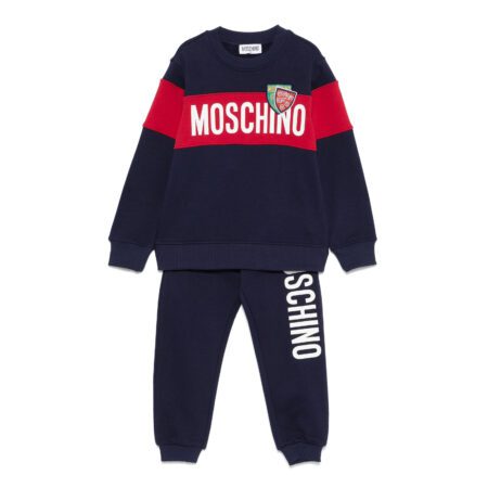Moschino Kids Logo Print Track Suit in navy and red, featuring a bold logo print, available at Lestyle Boutique Melbourne.