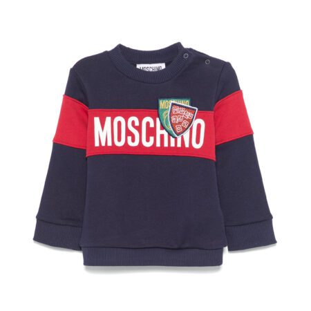 Moschino Kids navy sweatshirt with red colour block and bold logo detailing, available at Lestyle Boutique Melbourne.
