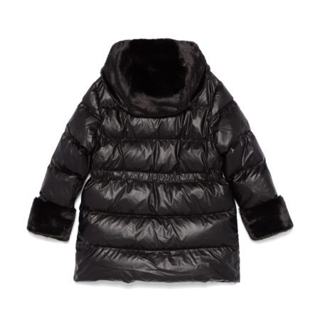 Moschino Kids Logo Embroidered Jacket in black with gold embroidery, faux fur details, and gold heart accents, available at Lestyle Boutique Melbourne.