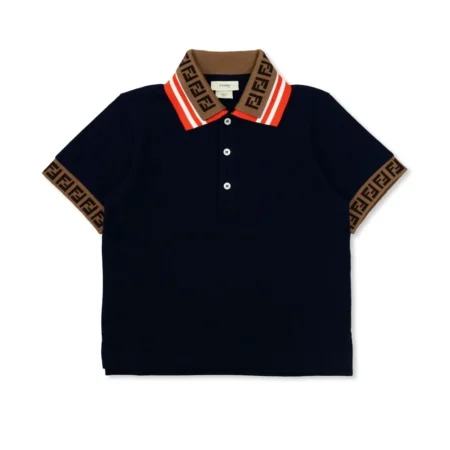 Fendi Kids navy polo shirt with FF motif intarsia on collar and sleeve cuffs, adding a stylish touch, available at Lestyle Boutique Melbourne.