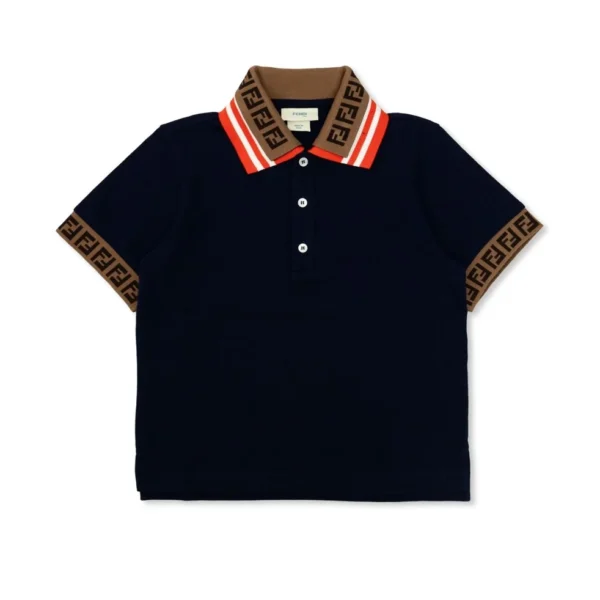 Fendi Kids navy polo shirt with FF motif intarsia on collar and sleeve cuffs adding a stylish touch available at Lestyle Boutique Melbourne