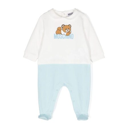 Moschino Kids romper in sky blue and white with teddy bear logo, made from organic cotton, available at Lestyle Boutique Melbourne.