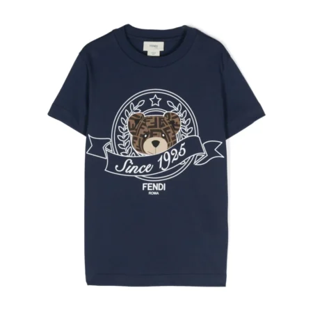 Fendi Kids navy t-shirt featuring a teddy bear graphic and "Since 1925" design, blending classic style with playful charm, available at Lestyle Boutique Melbourne.