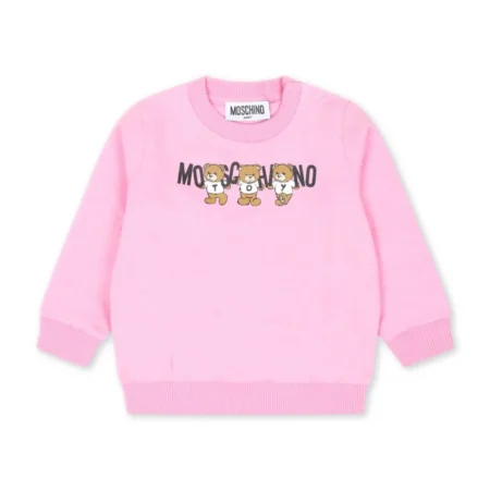 Moschino Kids pink sweatshirt with Teddy Bear logo print and ribbed details, available at Lestyle Boutique.