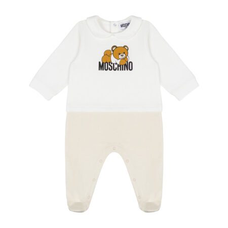 Moschino Kids light brown and white romper with teddy bear logo, crafted from organic cotton, available at Lestyle Boutique Melbourne.