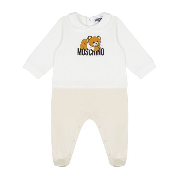Moschino Kids light brown and white romper with teddy bear logo crafted from organic cotton available at Lestyle Boutique Melbourne